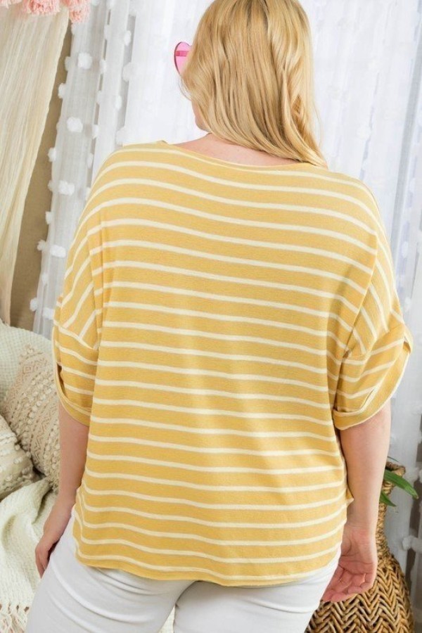 Plus Yellow/White Choker Neck Stripe Top, Roll-Up Sleeves