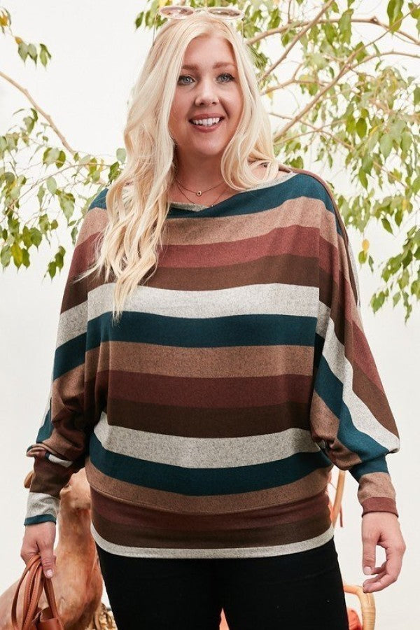 Plus Hunter Green Top, Boat Neck, Long Bubble Sleeves, Stripe