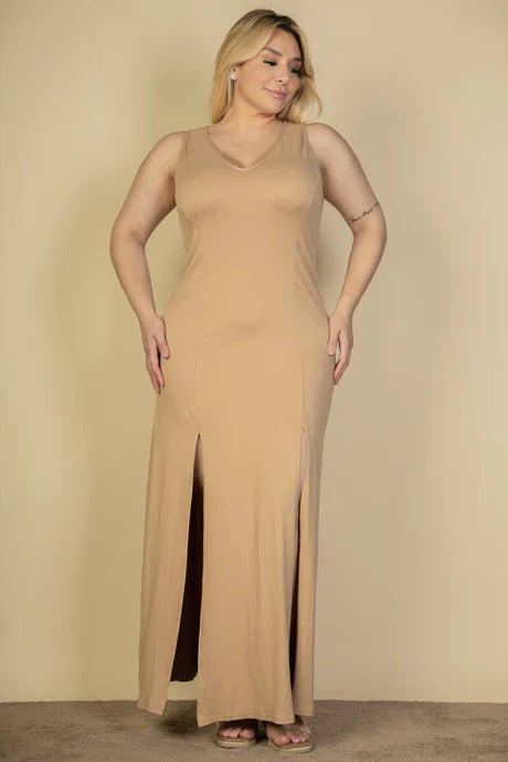 Plus Light Taupe Plunge Neck Thigh Split Maxi Dress