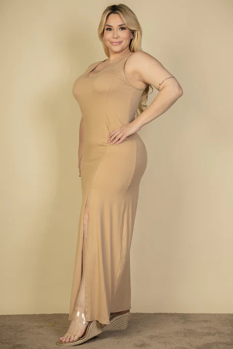 Plus Light Taupe Plunge Neck Thigh Split Maxi Dress