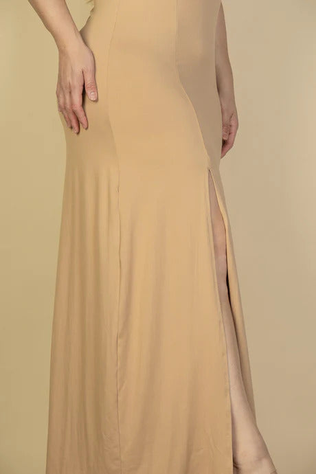 Plus Light Taupe Plunge Neck Thigh Split Maxi Dress