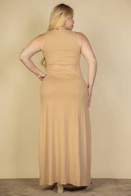 Plus Light Taupe Plunge Neck Thigh Split Maxi Dress