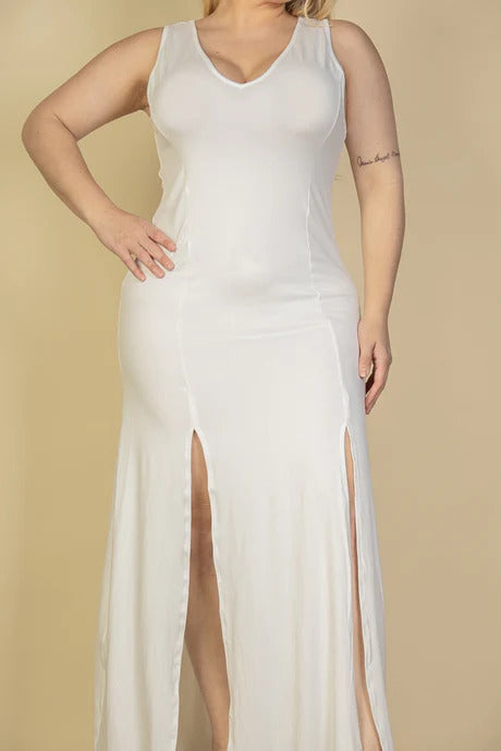 Plus White Plunge Neck Thigh Split Maxi Dress