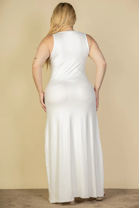 Plus White Plunge Neck Thigh Split Maxi Dress