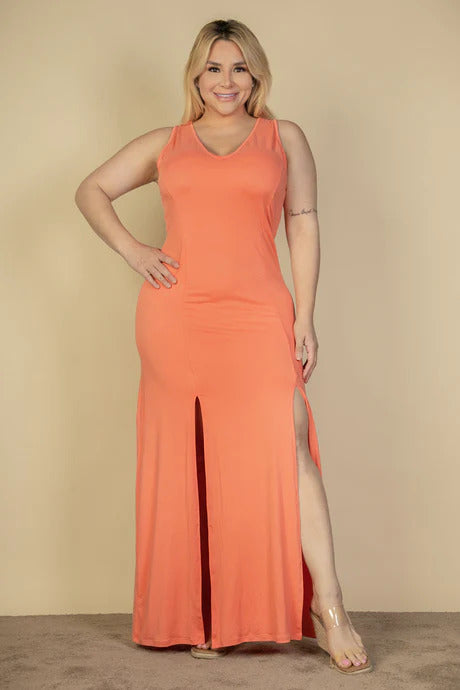 Plus Flamingo Plunge Neck Thigh Split Maxi Dress