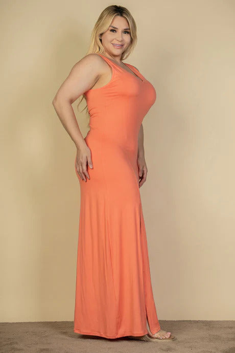 Plus Flamingo Plunge Neck Thigh Split Maxi Dress