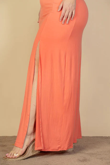 Plus Flamingo Plunge Neck Thigh Split Maxi Dress