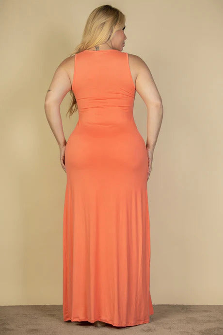 Plus Flamingo Plunge Neck Thigh Split Maxi Dress