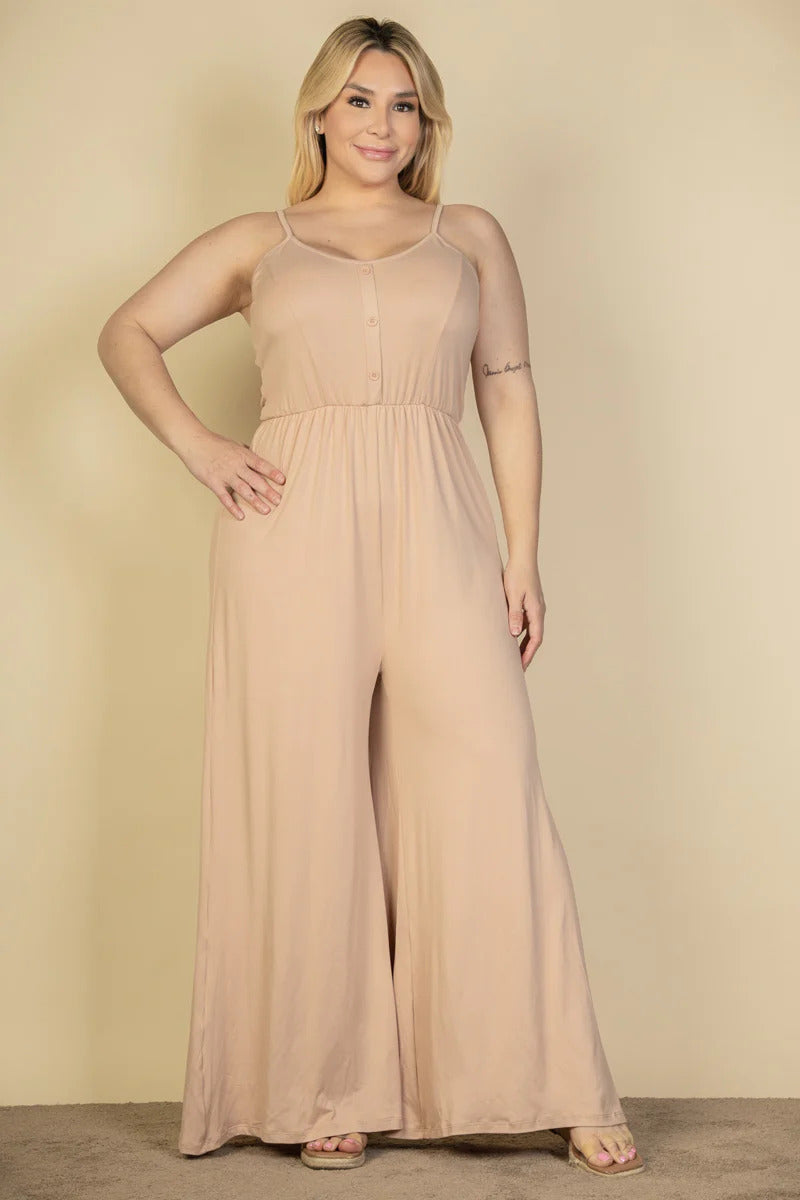 Plus Khaki Button Front Wide Leg Jumpsuit