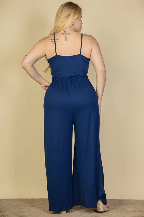 Plus Navy Button Front Wide Leg Jumpsuit