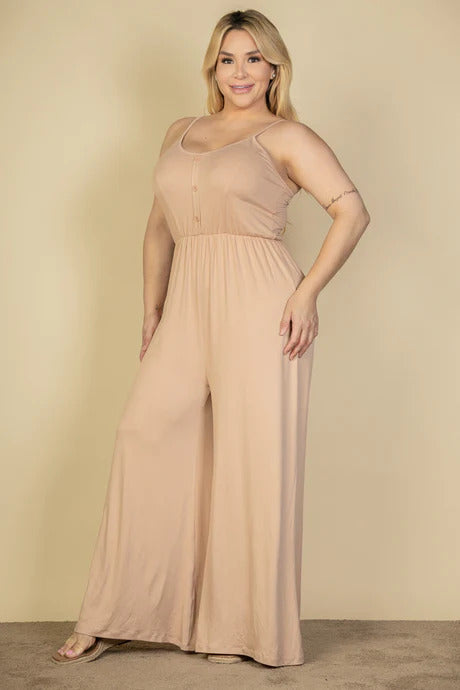 Plus Khaki Button Front Wide Leg Jumpsuit