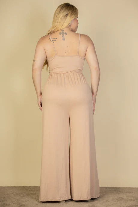 Plus Khaki Button Front Wide Leg Jumpsuit