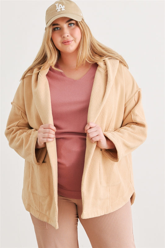 Plus Taupe Hooded Open Front Cardigan Jacket