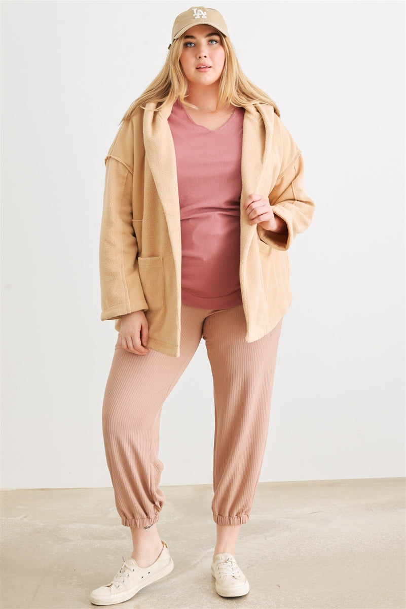 Plus Taupe Hooded Open Front Cardigan Jacket