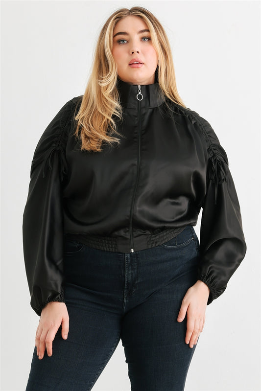 Plus Black Satin Ruched Cropped Bomber Jacket