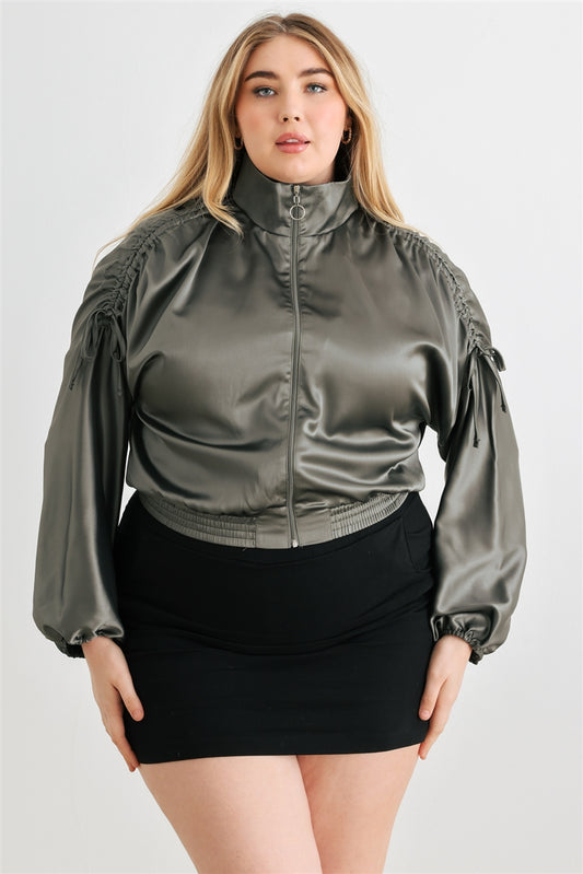 Plus Olive Satin Ruched Cropped Bomber Jacket