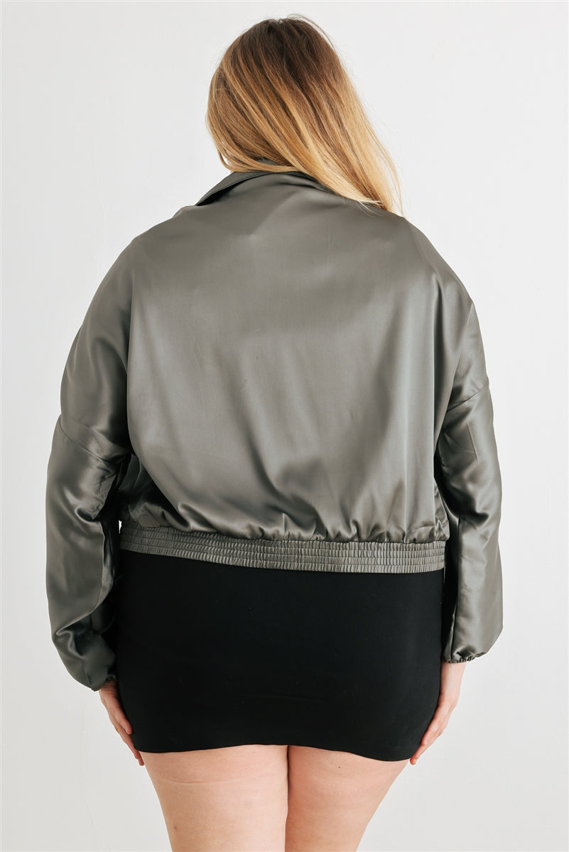 Plus Olive Satin Ruched Cropped Bomber Jacket