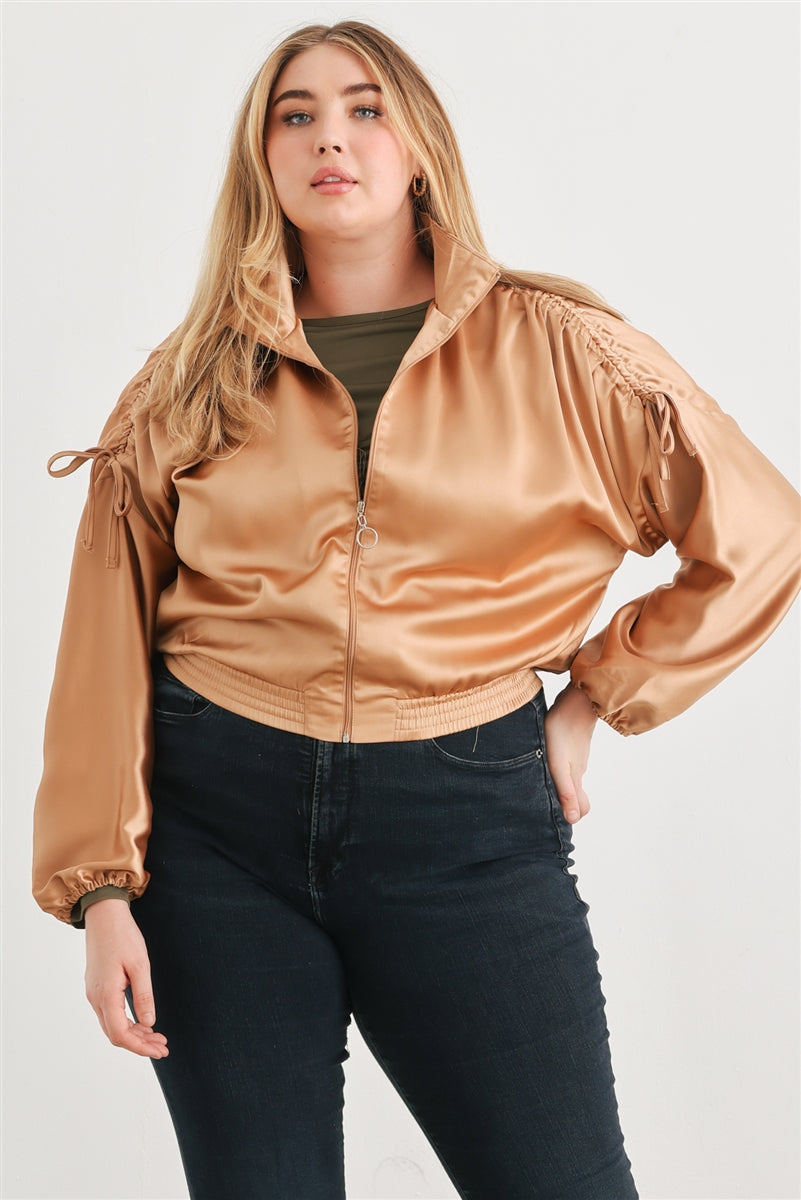 Plus Taupe Satin Ruched Cropped Bomber Jacket