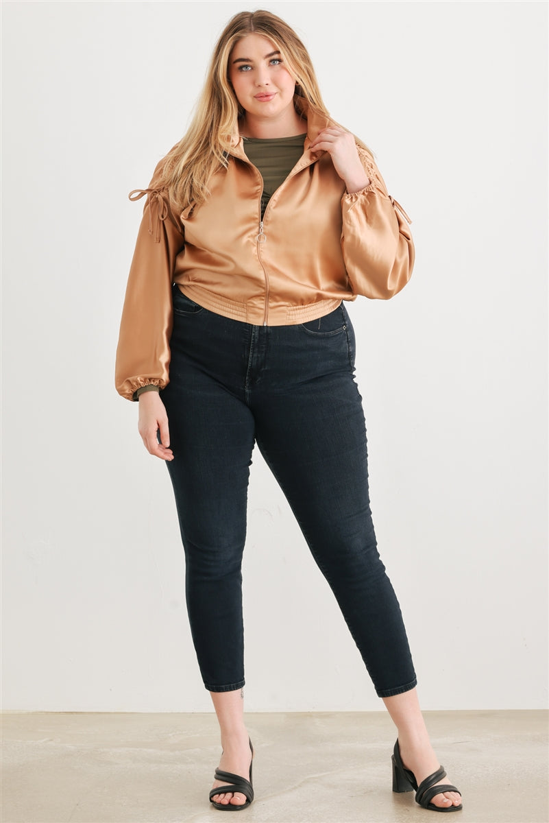 Plus Taupe Satin Ruched Cropped Bomber Jacket