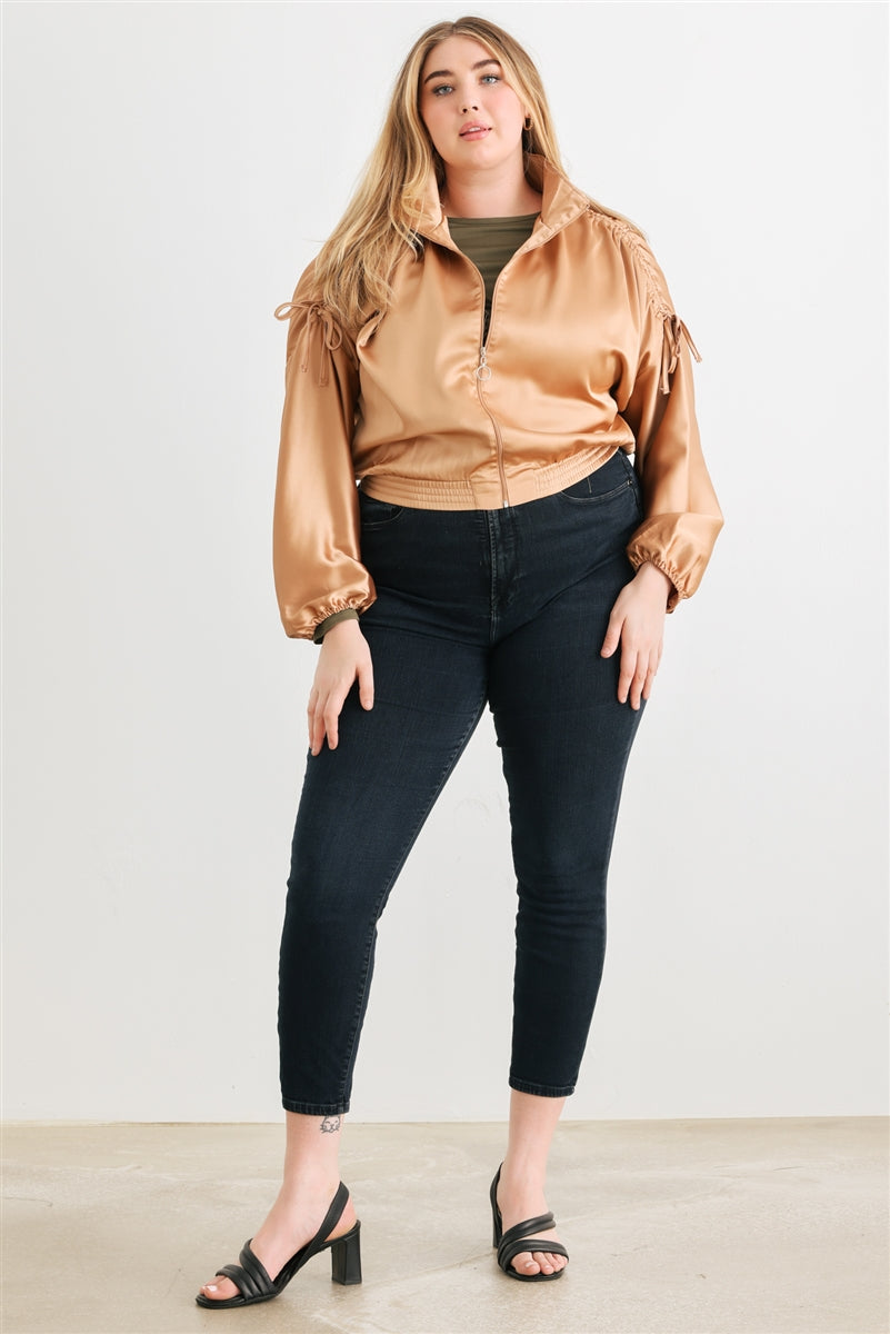 Plus Taupe Satin Ruched Cropped Bomber Jacket