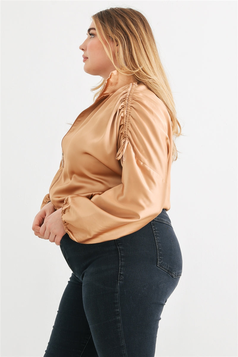 Plus Taupe Satin Ruched Cropped Bomber Jacket