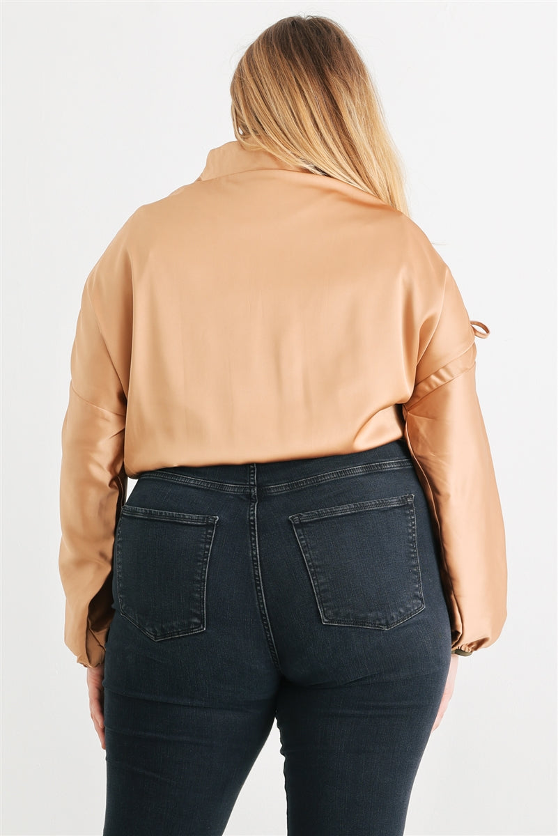 Plus Taupe Satin Ruched Cropped Bomber Jacket