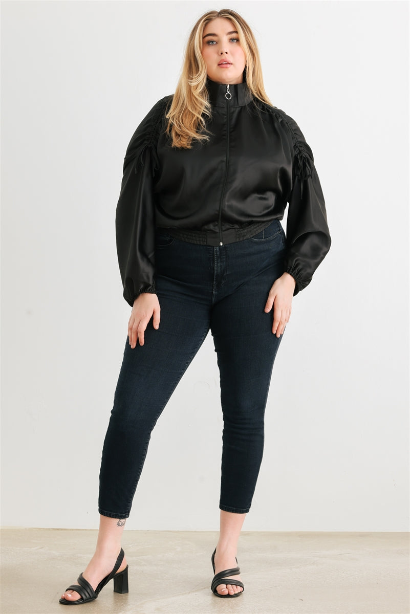 Plus Black Satin Ruched Cropped Bomber Jacket