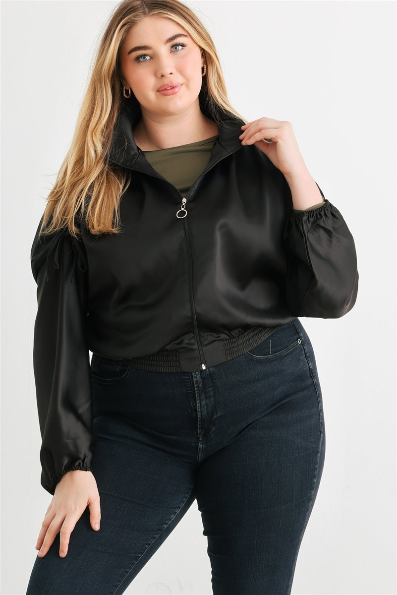 Plus Black Satin Ruched Cropped Bomber Jacket