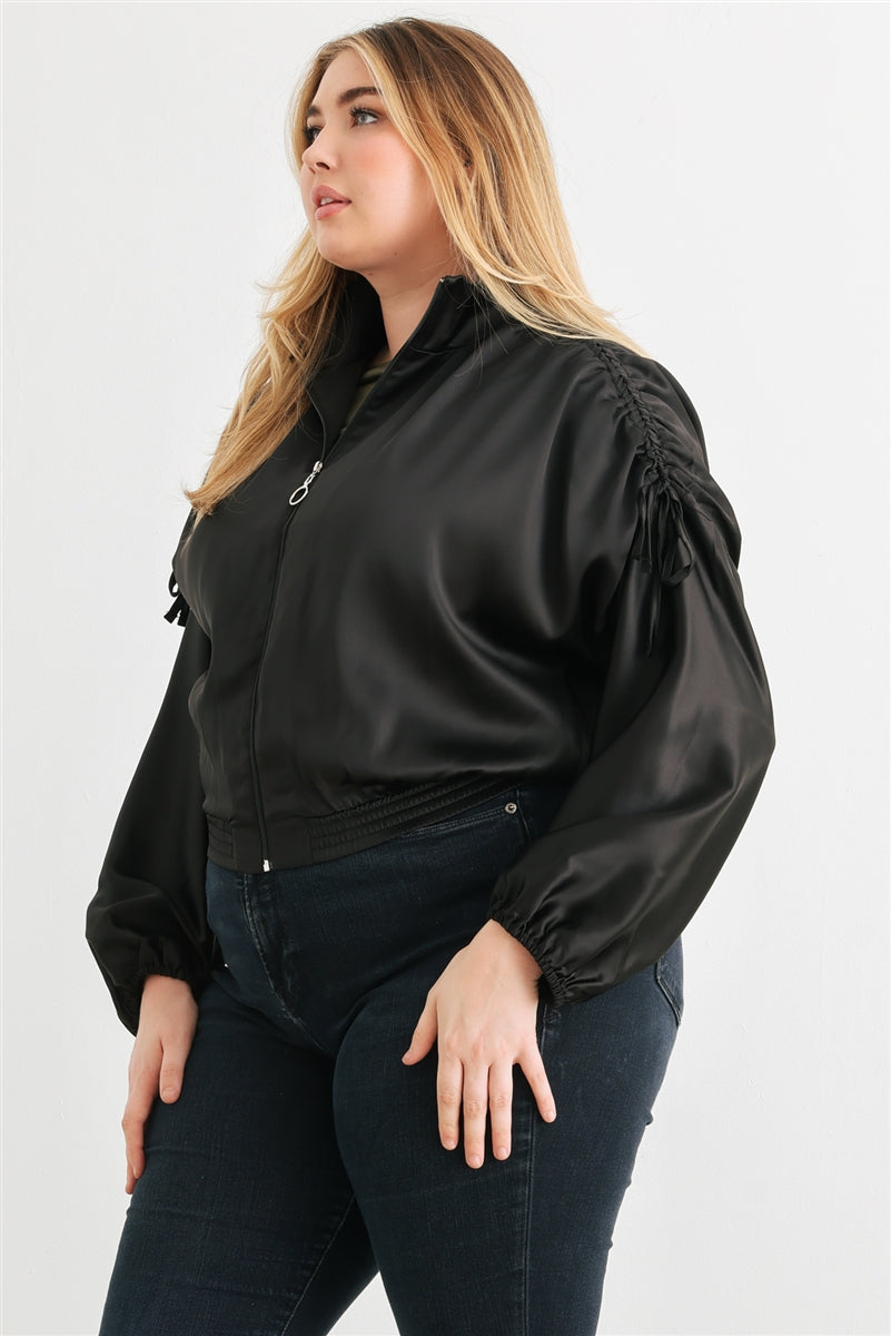 Plus Black Satin Ruched Cropped Bomber Jacket