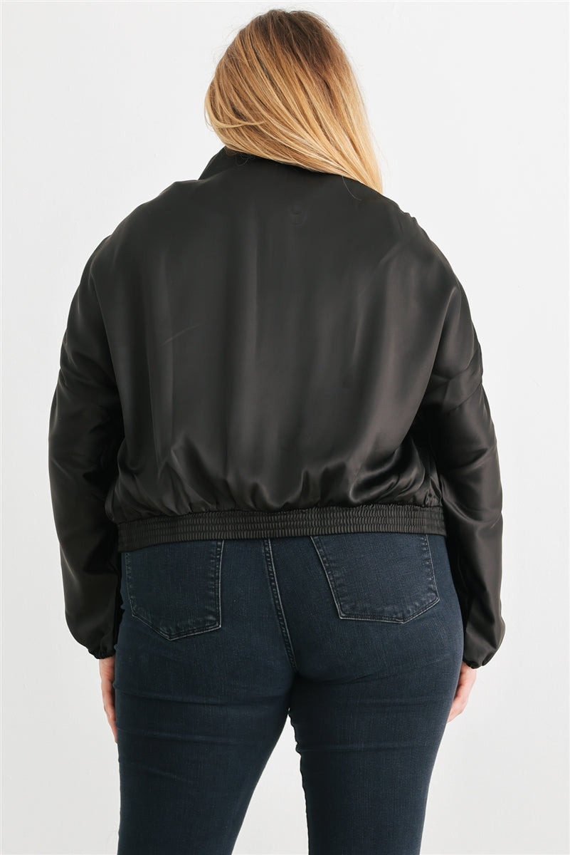 Plus Black Satin Ruched Cropped Bomber Jacket