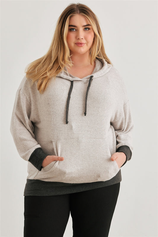 Plus Heather Grey & Charcoal Soft-to-touch Hooded Sweater with Pocket