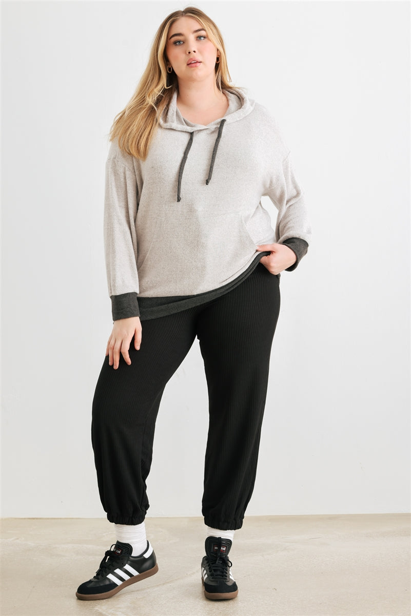 Plus Heather Grey & Charcoal Soft-to-touch Hooded Sweater with Pocket