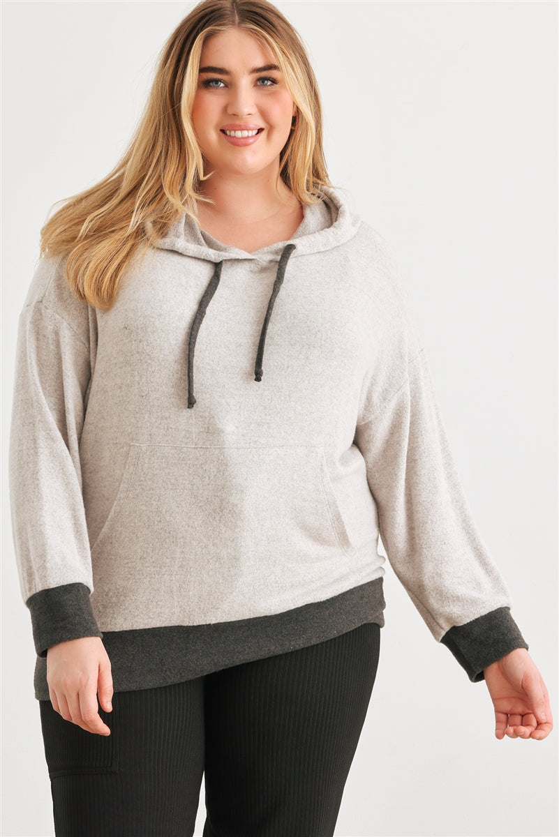 Plus Heather Grey & Charcoal Soft-to-touch Hooded Sweater with Pocket