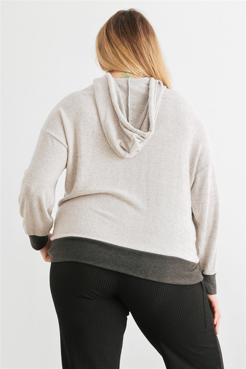 Plus Heather Grey & Charcoal Soft-to-touch Hooded Sweater with Pocket