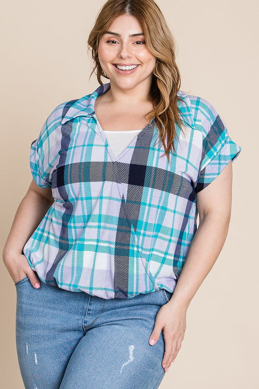 Plus Multi Colored Check Printed Short Sleeve Top