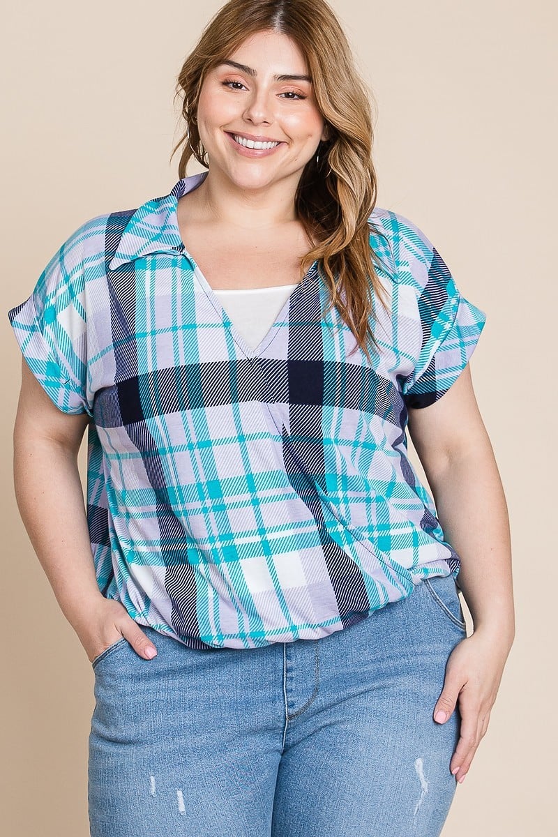 Plus Multi Colored Check Printed Short Sleeve Top