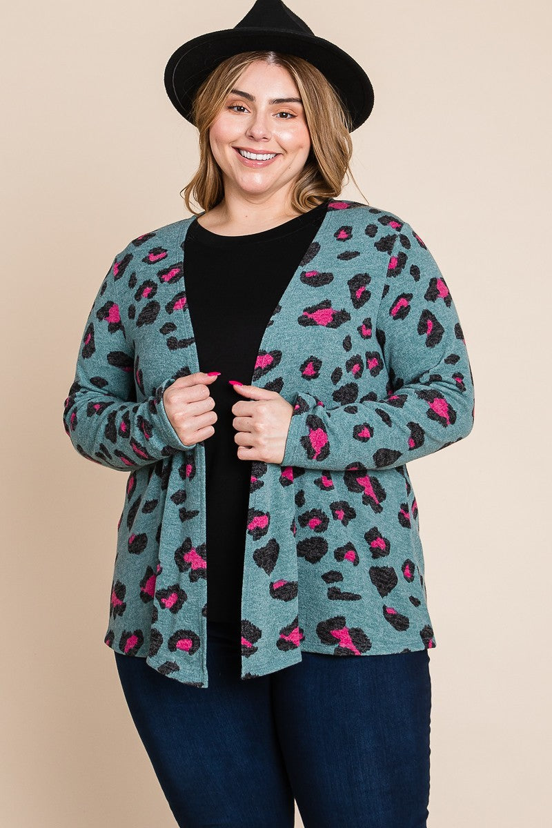 Plus Teal Animal Printed Open Front Cropped Cardigan