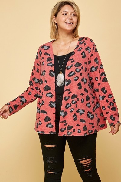 Plus Red Animal Printed Open Front Cropped Cardigan