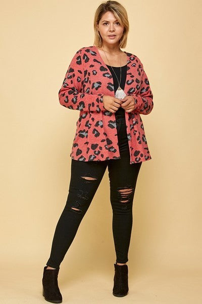 Plus Red Animal Printed Open Front Cropped Cardigan