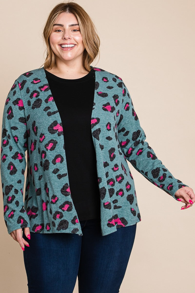 Plus Teal Animal Printed Open Front Cropped Cardigan