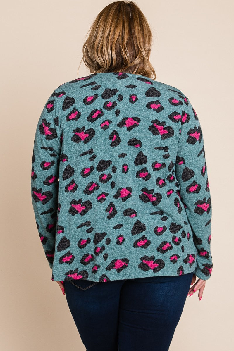 Plus Teal Animal Printed Open Front Cropped Cardigan