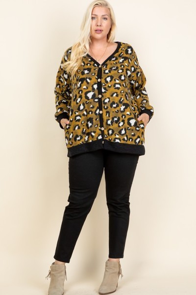 Plus Mustard Cozy Animal Mir Print Brush Button Up Cardigan