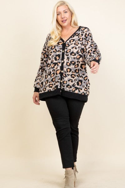 Plus Beige Cozy Animal Mir Print Brush Button Up Cardigan