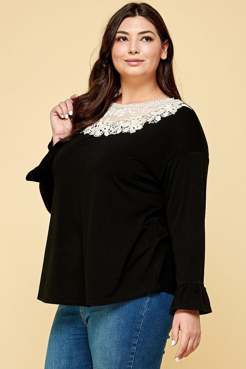 Plus Black Top with Floral Lace Neckline, Bell Sleeves