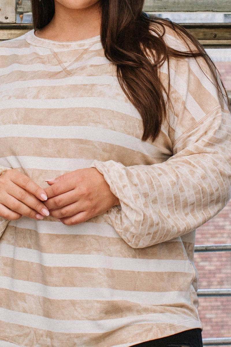 Plus Taupe Stripe Printed French Terry Top