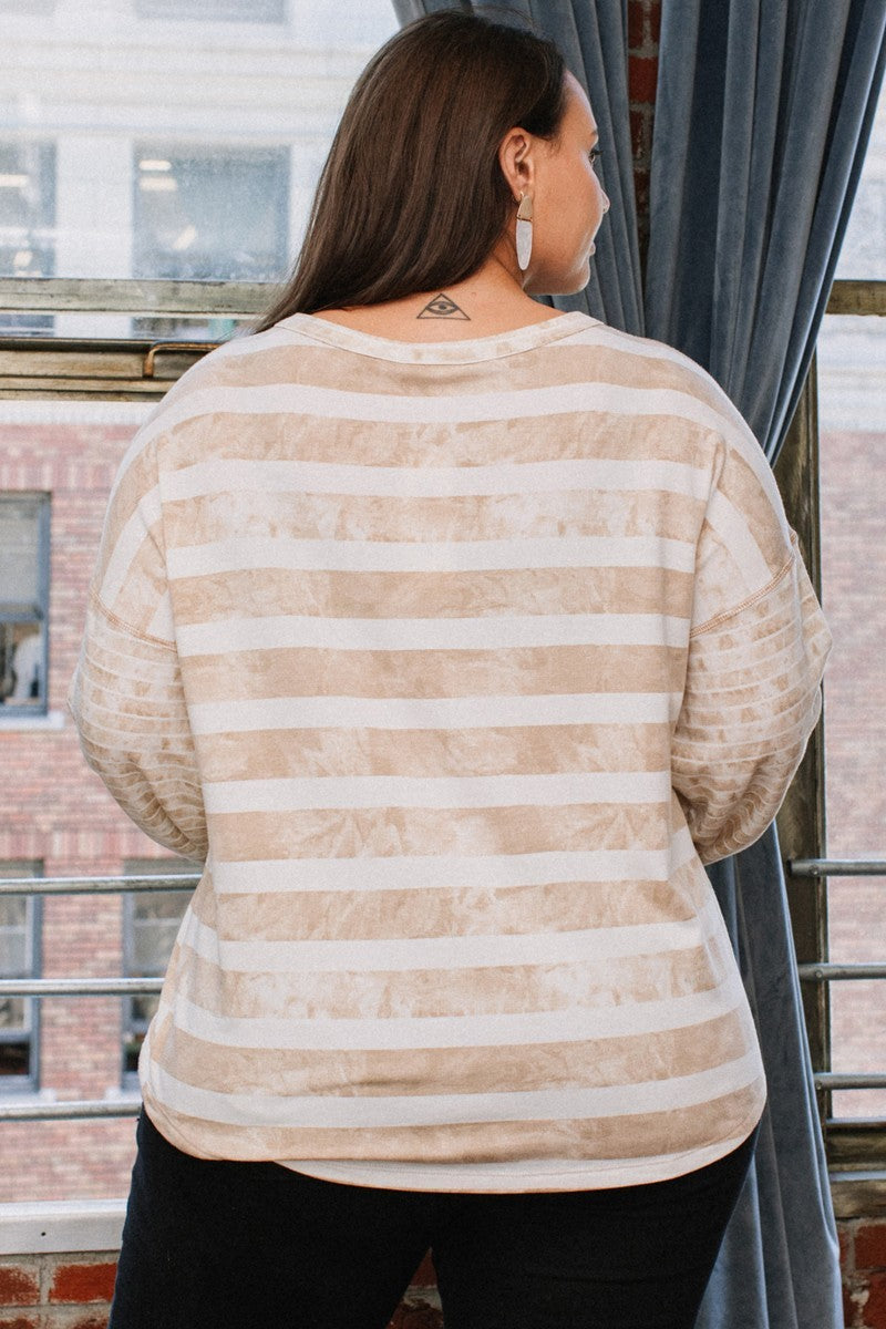 Plus Taupe Stripe Printed French Terry Top