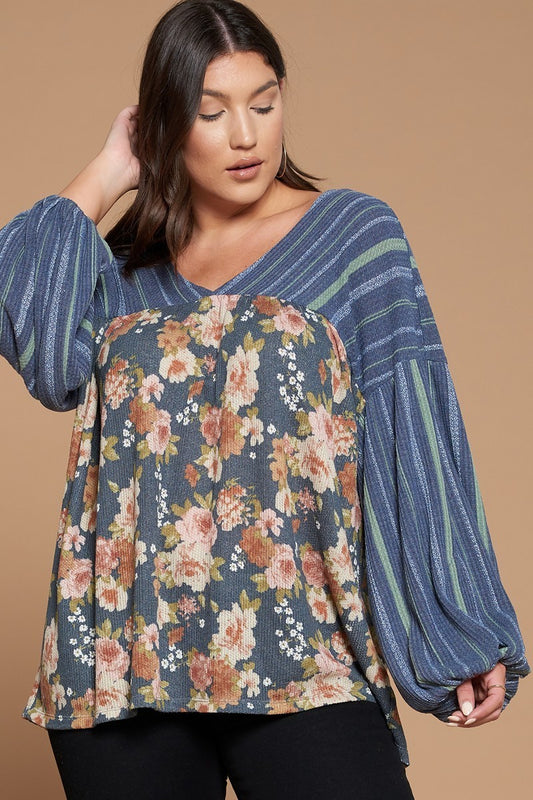 Plus Denim Color Floral Printed Knit Top with Puffed Sleeves
