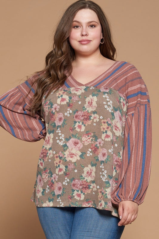 Plus Marsala Floral Printed Knit Top with Puffed Sleeves
