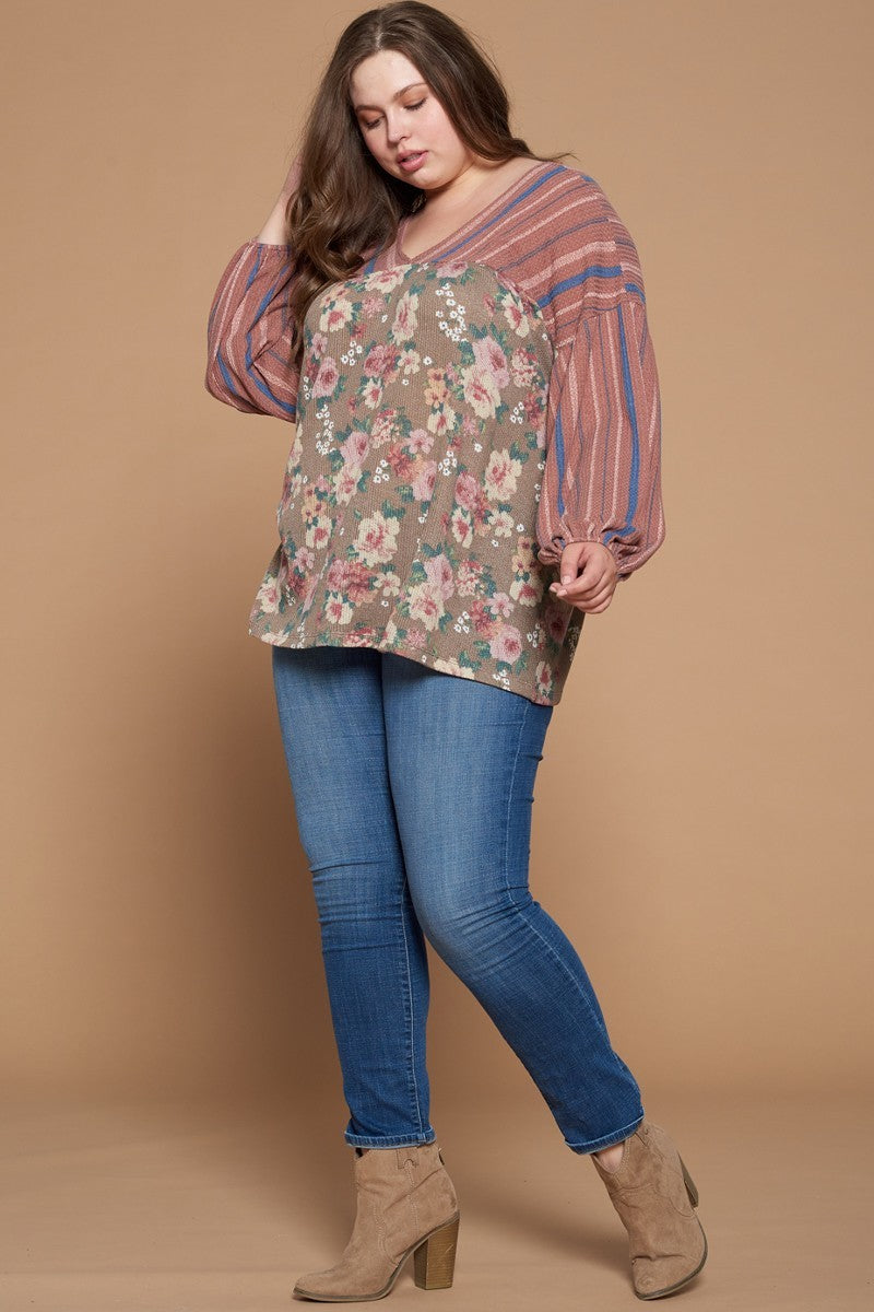 Plus Marsala Floral Printed Knit Top with Puffed Sleeves