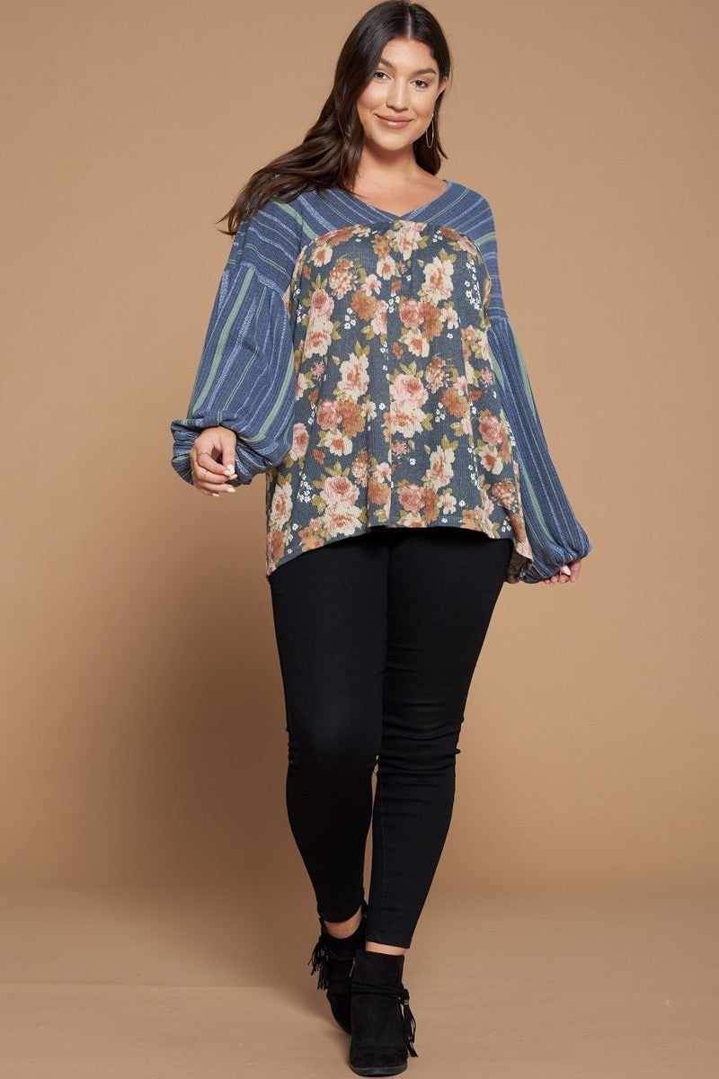 Plus Denim Color Floral Printed Knit Top with Puffed Sleeves